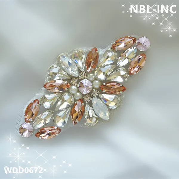 

(30pcs) Wholesale bridal beaded sewing silver opal peach crystal rhinestone applique patch iron on for wedding dress WDD0672