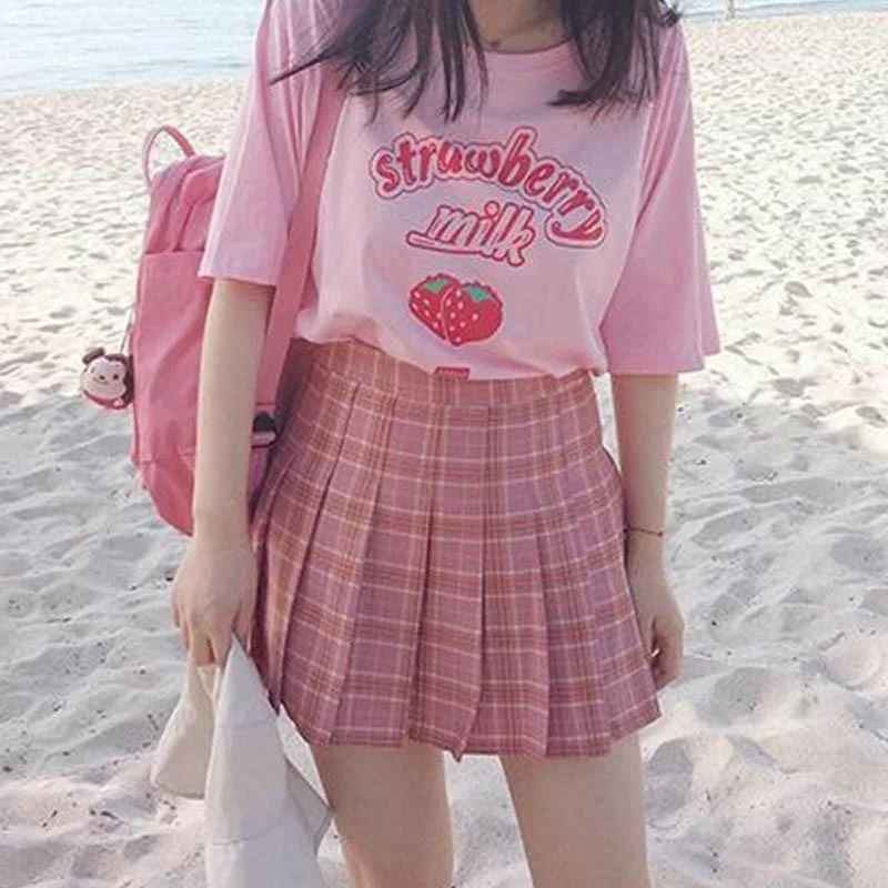 Kuakuayu-JBH Pink girl Series Strawberry Milk Graphic Summer Fashion 100% Cotton Casual Tops Korean Style Kawaii Cute