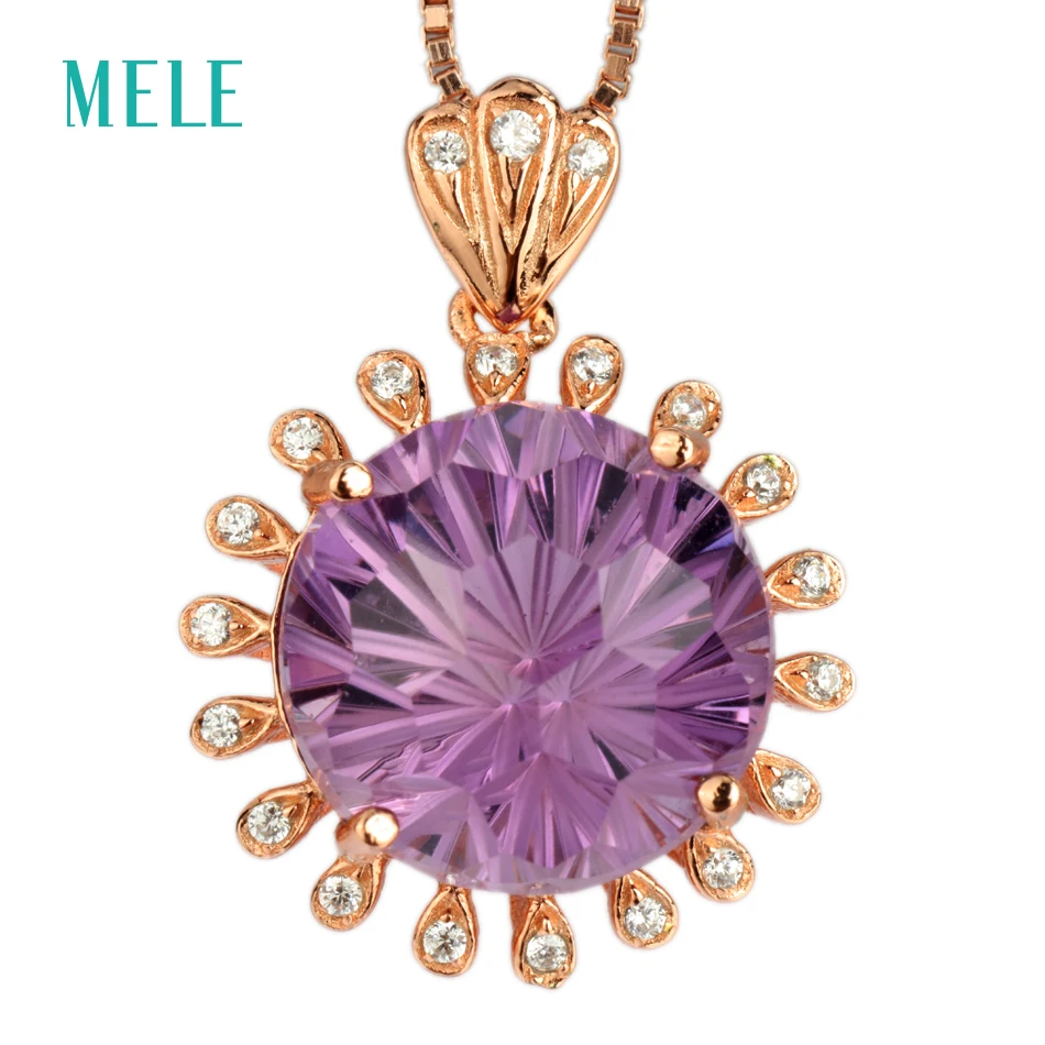 MELE Natural deep amethyst silver pendant, round 12mm, firework cutting craftsman, best choice for gift