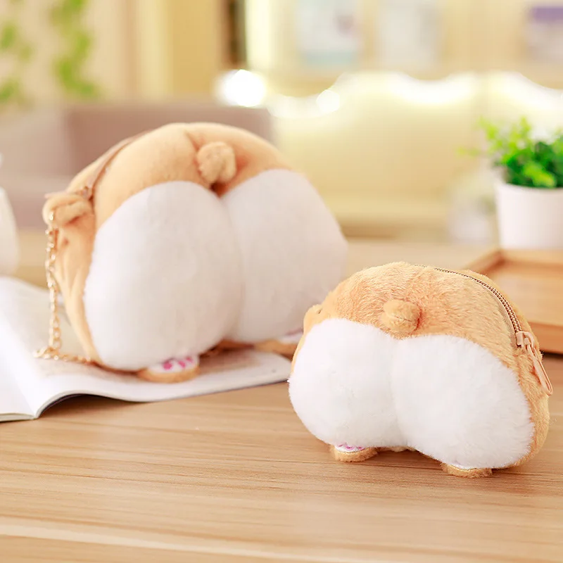 13*10cm Novelty Corgi Sexy Bottom Coin Bag Plush Toy Purse Stuffed Animal Wallet For Girls