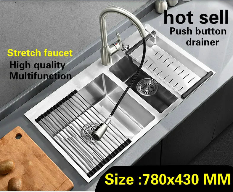 

Tangwu Deluxe push button drainer apartment kitchen manual sink double groove high quality stainless steel hot sell 780x430 MM