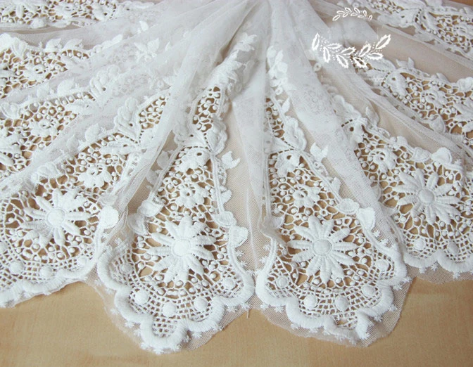 

1yard 135cm 53.14" wide ivory mesh 2 sides embroidery lace fabric for dress clothes scarf curtain ML25L86