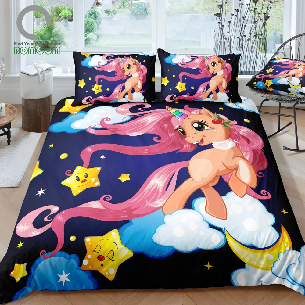 BOMCOM 3D Digital Printing Pink Unicorn Fairytale Flying Unicorn in Night Sky Christmas Style Bedding Sets 100% Microfiber Dark