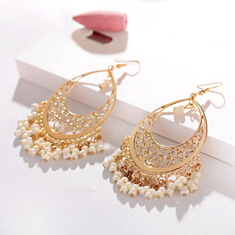 2019 New Fashion Imitation Gemstone Indian Earring Jewelry Vintage Hollow Beads Tassel Dangle Earrings Bijoux E049