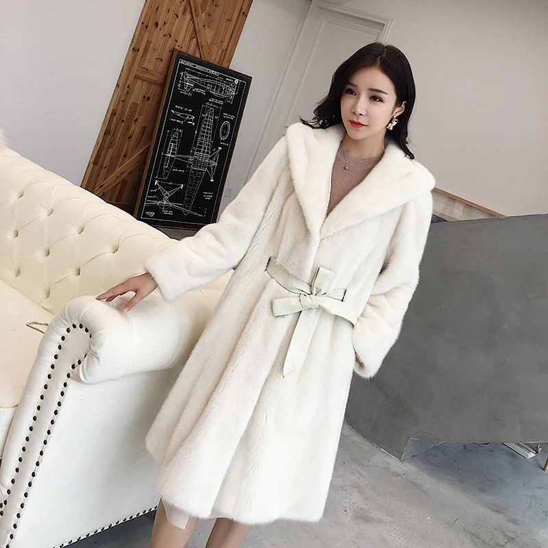 2024 New Real Natural Mink Whole Fur Women Long Coat With Hood  Winter Thick Slim Warm Female Mink Fur Hood Jacket