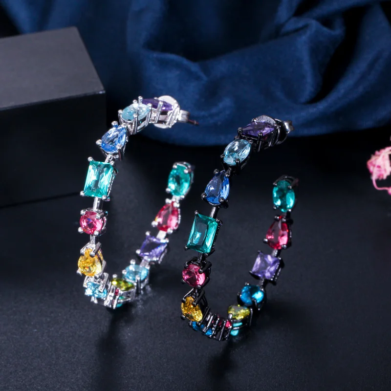 CWWZircons Trendy American Cubic Zirconia Crystal MultiColored Big Hoop Earrings Circle Round Design Women Ear Jewelry CZ561