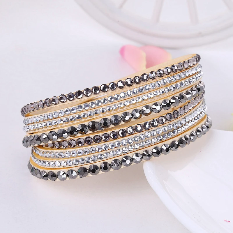 Korean Version Leather Bracelet Rhinestone Crystal  Wrap Multilayer s For Women Feminino Pulseras Mulher Jewelry