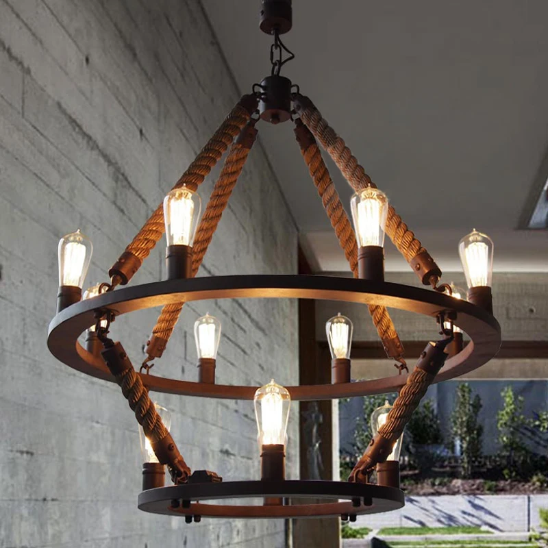 Retro Country Loft Style Hemp Rope Edison Vintage Industrial Pendant Lighting Lamp With 12 Lights For Dinning Room