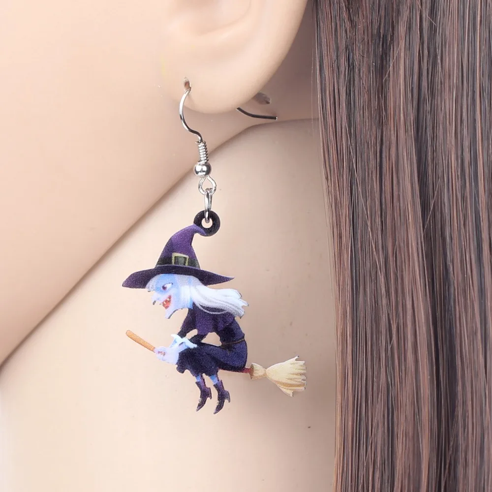 Bonsny Acrylic Animal Halloween Broomstick Witch Earrings Drop Dangle Fashion Cartoon Jewelry For Women Girls Teens Gift Charms