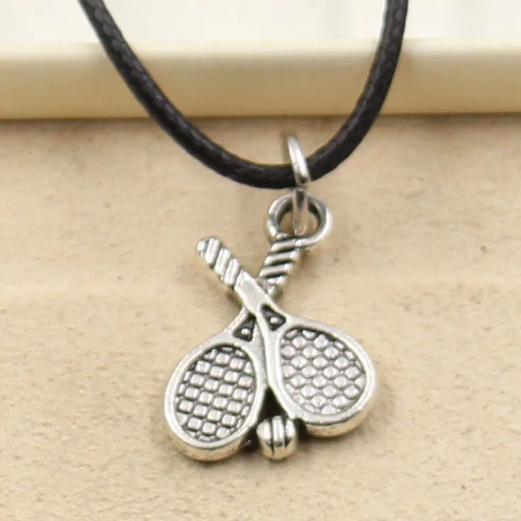 New Fashion Tibetan Silver Color Pendant Tennis Racket Necklace Choker Charm Black Leather Cord Factory Price Handmade Jewelry