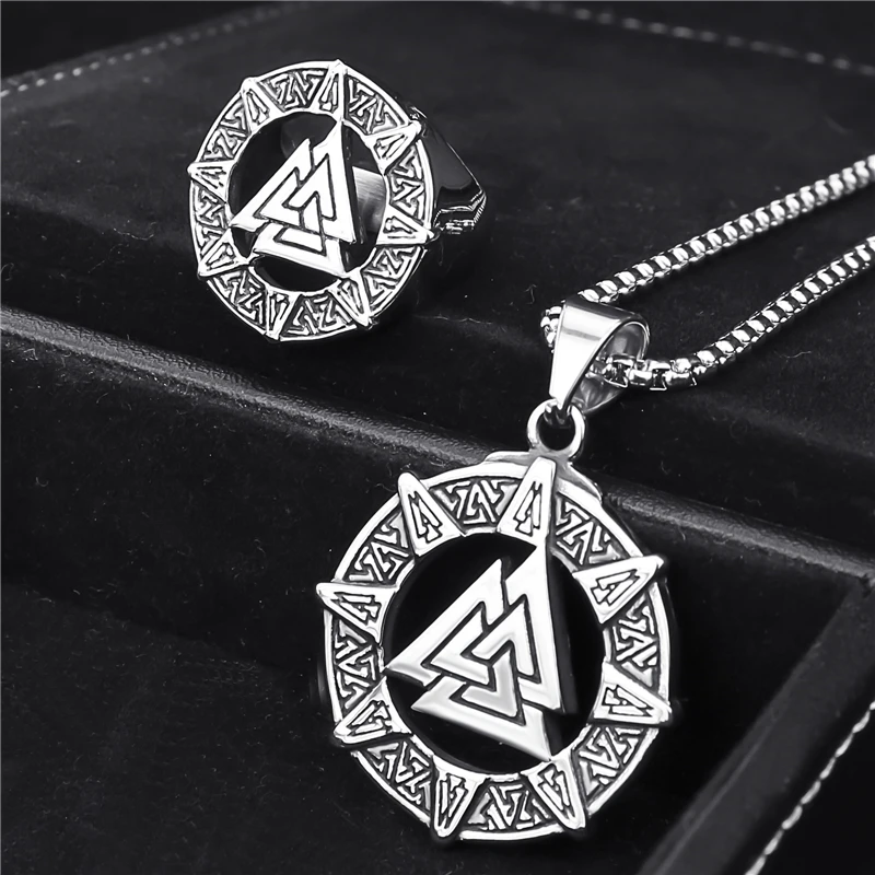 Mens Viking Valknut Odin's Norse Warrior Stainless Steel Ring and Pendant 24inch Necklace Jewelry Sets