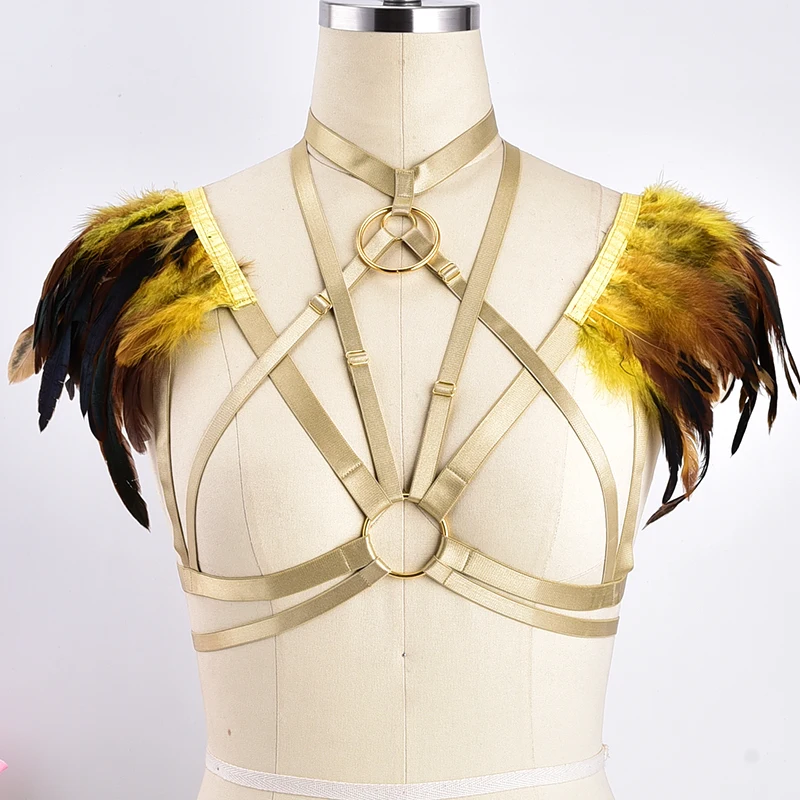 

Yellow Gothic Feather Wings Body Harness Epaulettes Bra Bondage Shoulder BurningMan Pole Dance Rave Lingerie Feather Harness