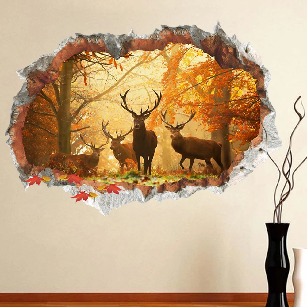 Forest Wild Deer Leaf Wall Stickers 3D Vivid broken Wall Decals Poster Mural Living Room Bedroom Home Decor