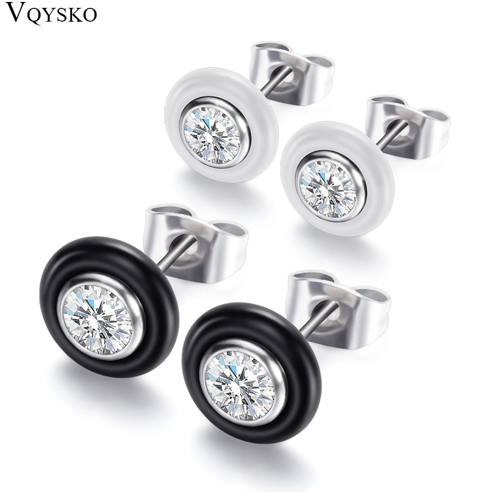 Fashion Wedding Bijoux Black White Ceramic Stud Earrings For Women With Big Carat AAA Health Ceramic Round Zirconia Earring Girl