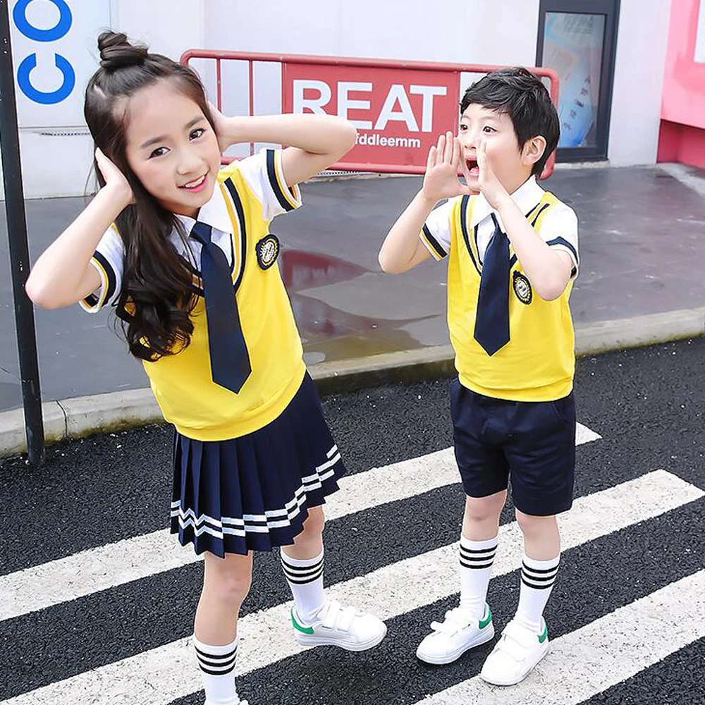 Uniformes escolares coreanos de algodón para niños y niñas, camisa con cuello, Falda plisada, pantalones cortos, trajes con lazo