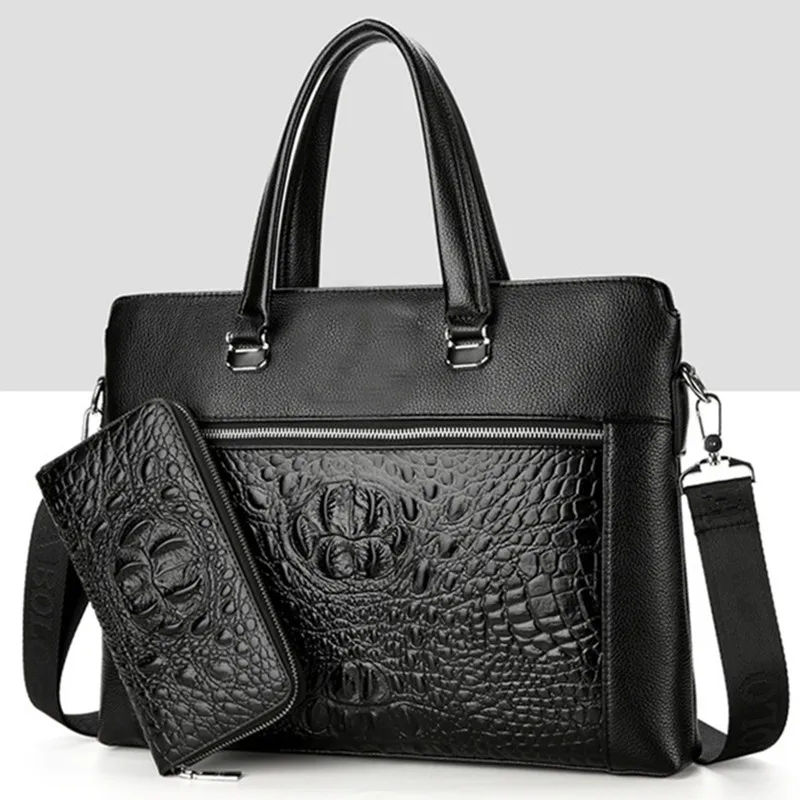 Men Briefcases crocodile pattern Genuine Leather Men's Bags Business Briefcases laptop Handbags cowhide Messenger Bag Man Office