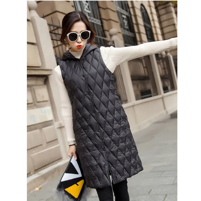 Sanishroly New Women Sleeveless Hooded Waistcoat Autumn Winter Ultra Light Duck Down Coat Parka Female Long Down Vest Tops S598