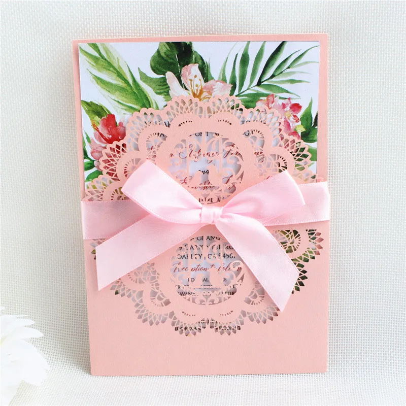 

Pink lace wedding cards birds laser cutting invitation pocket personalized printing free ship