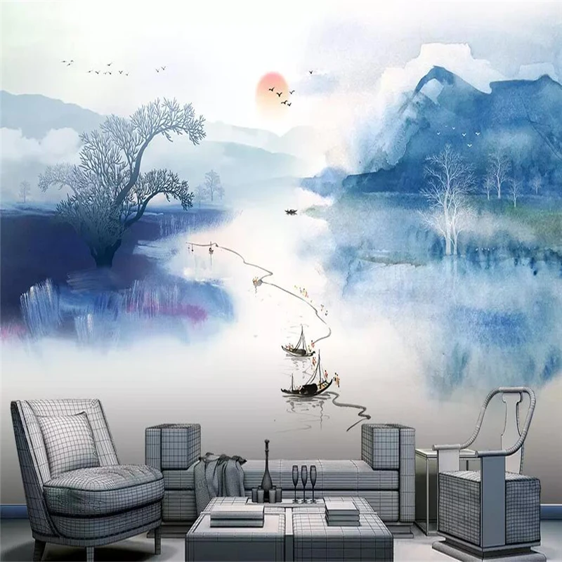 Decorative wallpaper New Chinese ink artistic conception landscape wall cloth background wall decorative painting