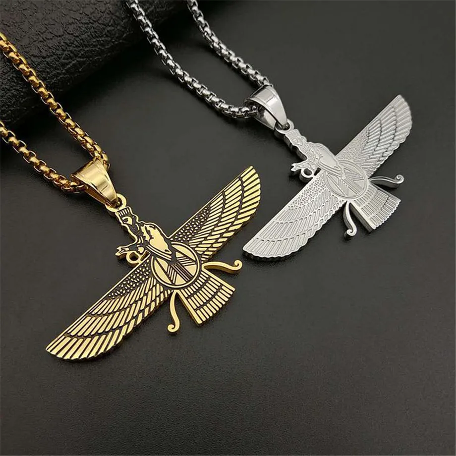 

Dropshipping Faravahar Ahura Pendant Men Iran Jewelry Stainless Steel Zoroastrian Gold Color Iranian Necklace Women N1491