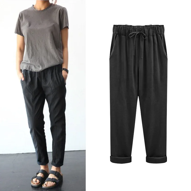 Cotton Linen Pants Elastic high Waist Ankle Length Casual Women Loose spring pants