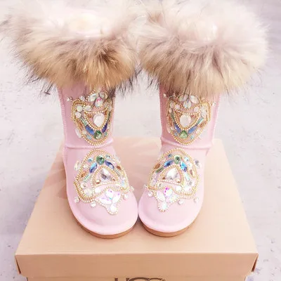 Hot Sale Pink Fur Keep Warm Cotton Shoes Winter Boots Rubber Sole Flat Bottom Snow Boots Fashion Australia Boots Women Real Pics