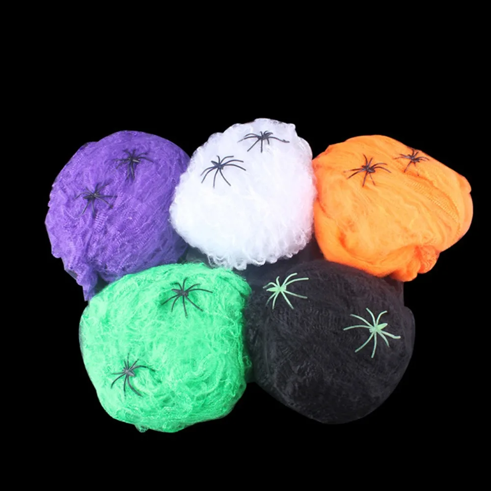 1Pc Halloween Decor Colorful Artificial Spider Web Cotton Stretch Cobwebs With Fake Spiders Scary Party Scene Horror House Props