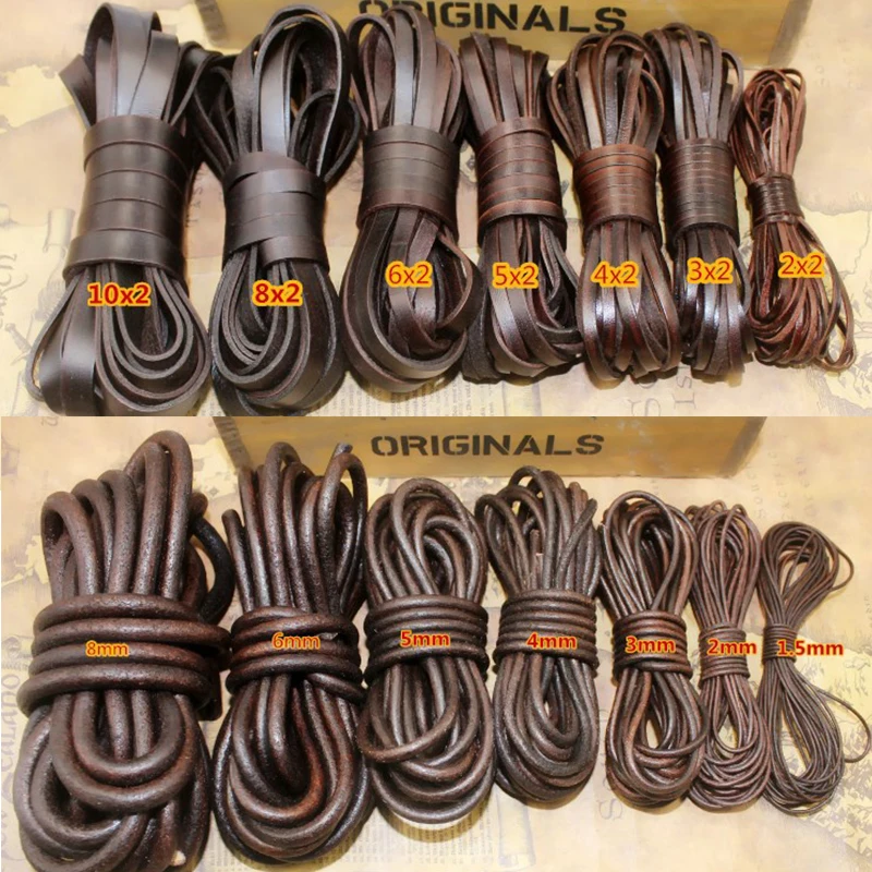 2meter 1-8mm Retro Brown Real Genuine Leather Cord Round Flat Rope String For DIY Necklace Bracelet Jewelry Making Accessories