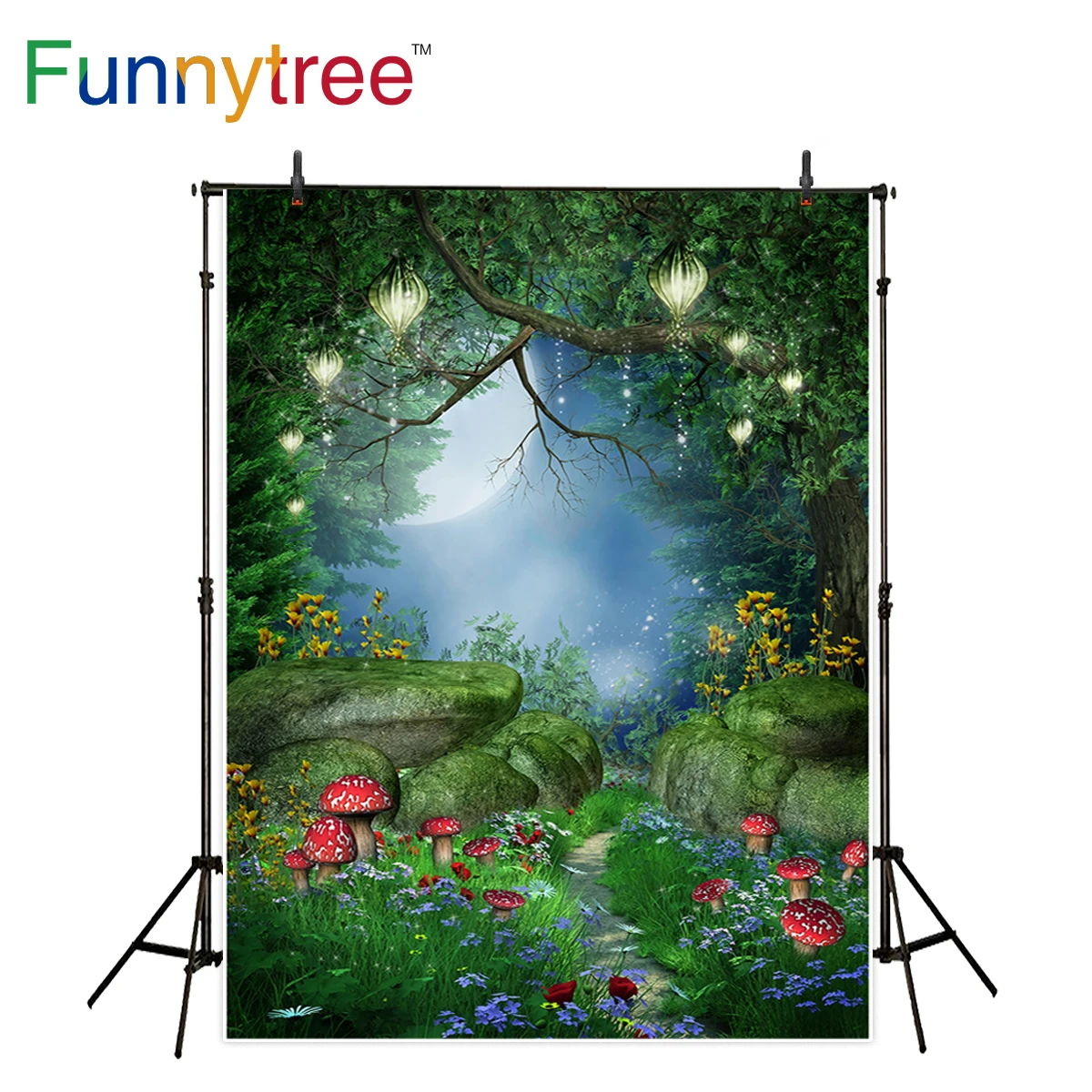 Funnytree Nấm Cổ Tích Nhiếp Ảnh Backdrop Hoa Rừng Lấp Lánh Cây Mặt Trăng Nền Để Chụp Photocall Trang Trí