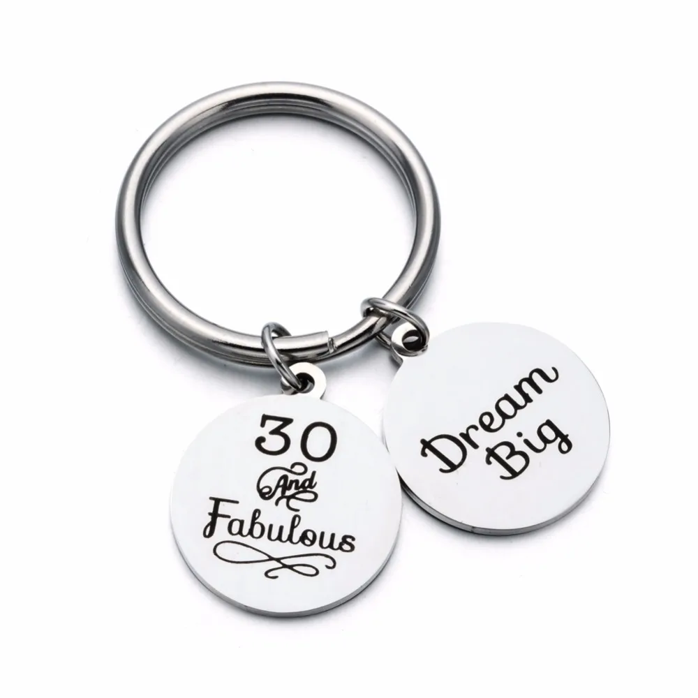 Stainless Steel 30th Birthday Gift Key Ring Inspiration Dream Big Charms Keychain for Sister Mom Dad Brother and Best friend