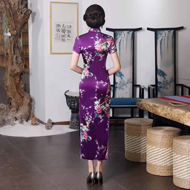 Purple Chinese Female Long Dress Sexy Elegant Qipao Cheongsam Vintage Mandarin Collar Flower Peacock Dress S M L XL XXL 3XL 0157