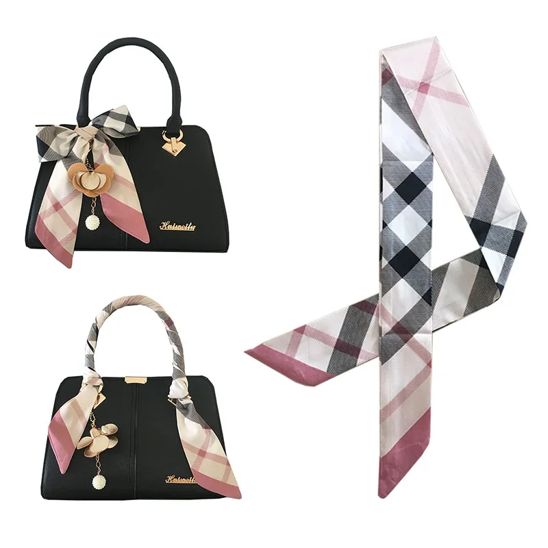 New Bag Scarf For Women Luxury Brand Silk Foulard Vintage Plaided Print Patchwork Head Handle Bag Skinny Scarves For Ladies