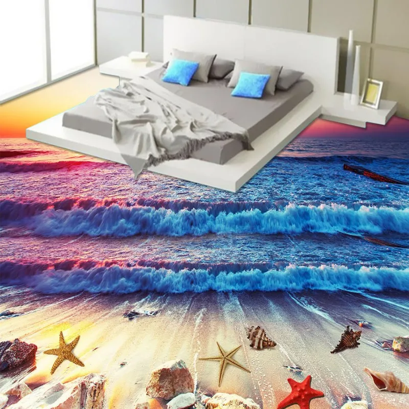 beibehang Sunset Beach Waves Starfish non-slip waterproof self-adhesive sticker paint bathroom wallpaper for walls 3d wall paper