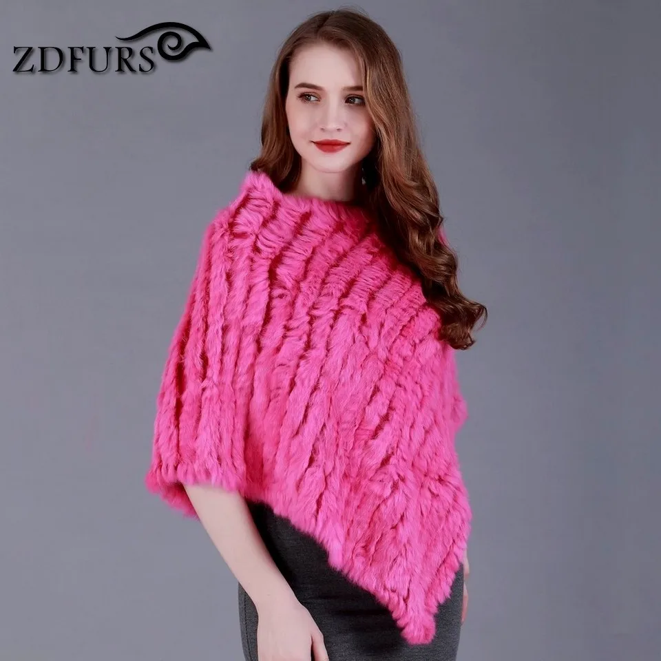 ZDFURS * autumn Winter women Genuine rabbit fur Poncho triangular fur shawl real Fur Wrap  pullovers  knitted rabbit cloak cape