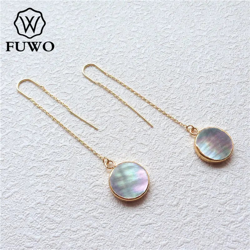 FUWO Wholesale Natural Black Freshwater Pearls Shell Threader Earrings,Golden Plated Angel aura Jewelry For Women ER510 5Pairs