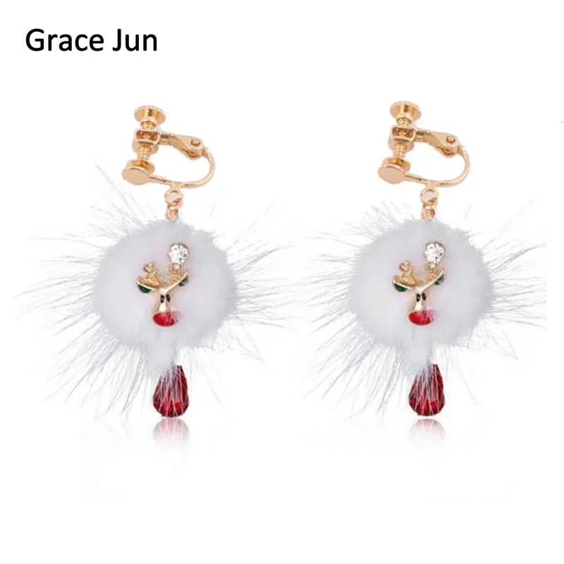 Grace Jun جديد سانتا كلوز الغزلان الأرنب الفراء الكرة الأحمر كريستال كليب على الأقراط دون ثقب للنساء لطيف هدية عيد الميلاد