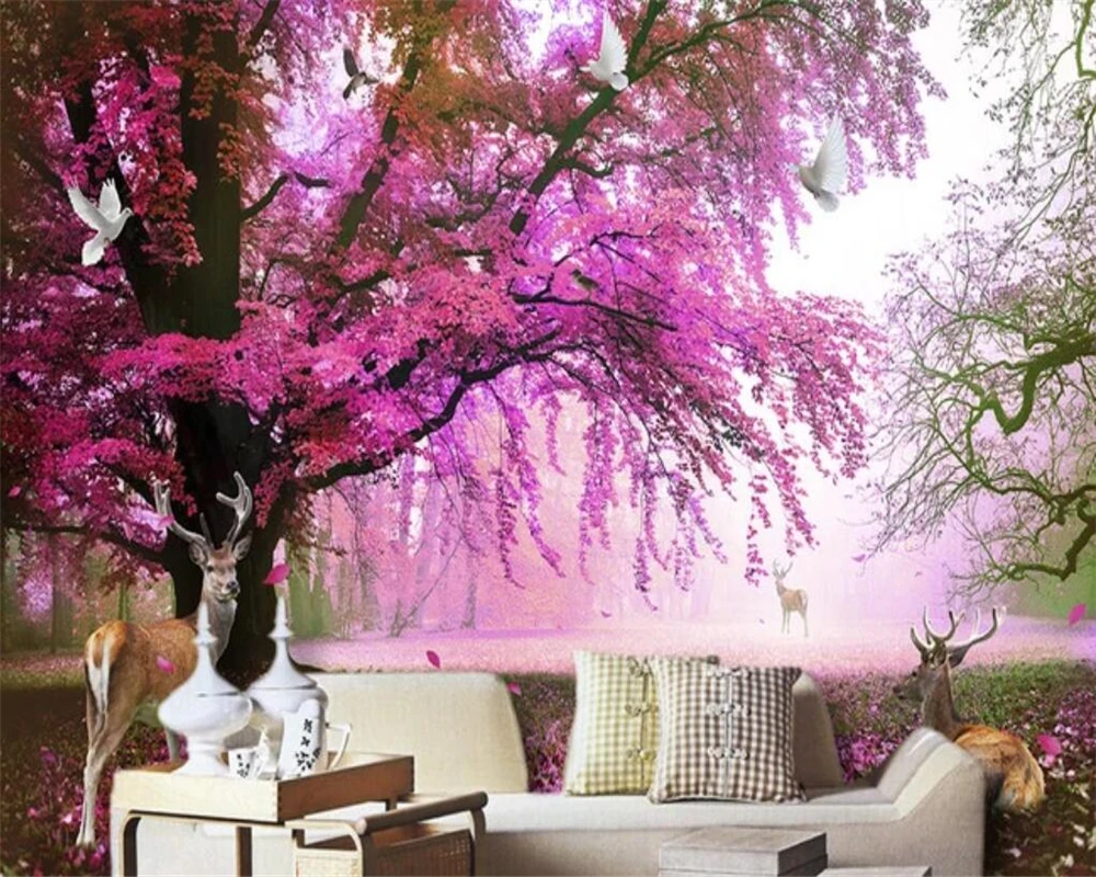 Custom wallpaper fantasy cherry tree big tree sika deer TV background living room bedroom home decoration 3d wallpaper