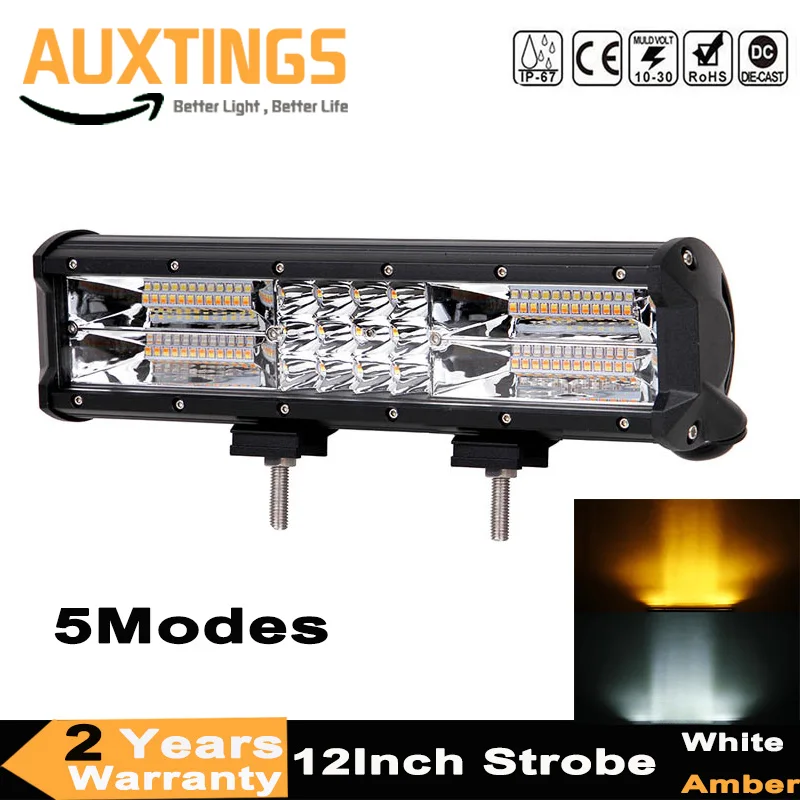 

180W 12 Inch White Amber Light Bar 5 Flashing Modes Strobe Led Light Bar Daytime Running Lights Straight 12V Offroad Car Trunk