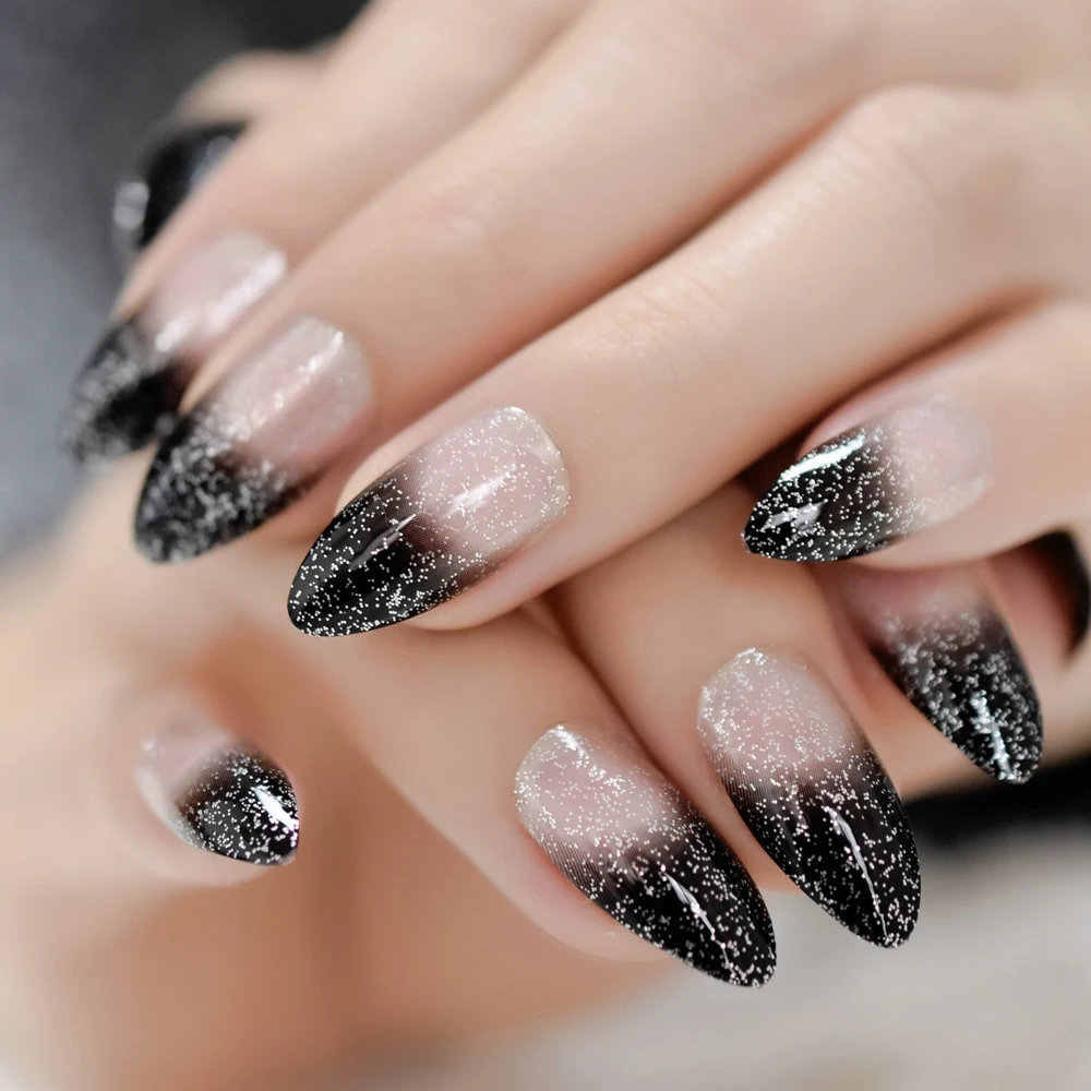 Gradient Clear สีดำภาษาฝรั่งเศสคำกดบนเล็บปลอมเคล็ดลับ Stiletto สวมใส่ Bling Silver Glitter รูปไข่ Sharp DIY ออกแบบเล็บ