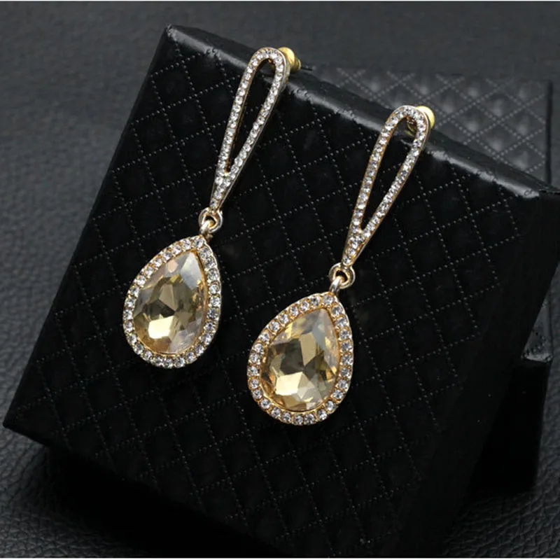 TREAZY Elegant Champagne Crystal Drop Earrings for Women Gold Color Rhinestone Long Dangle Earrings Wedding Party Brincos Femme