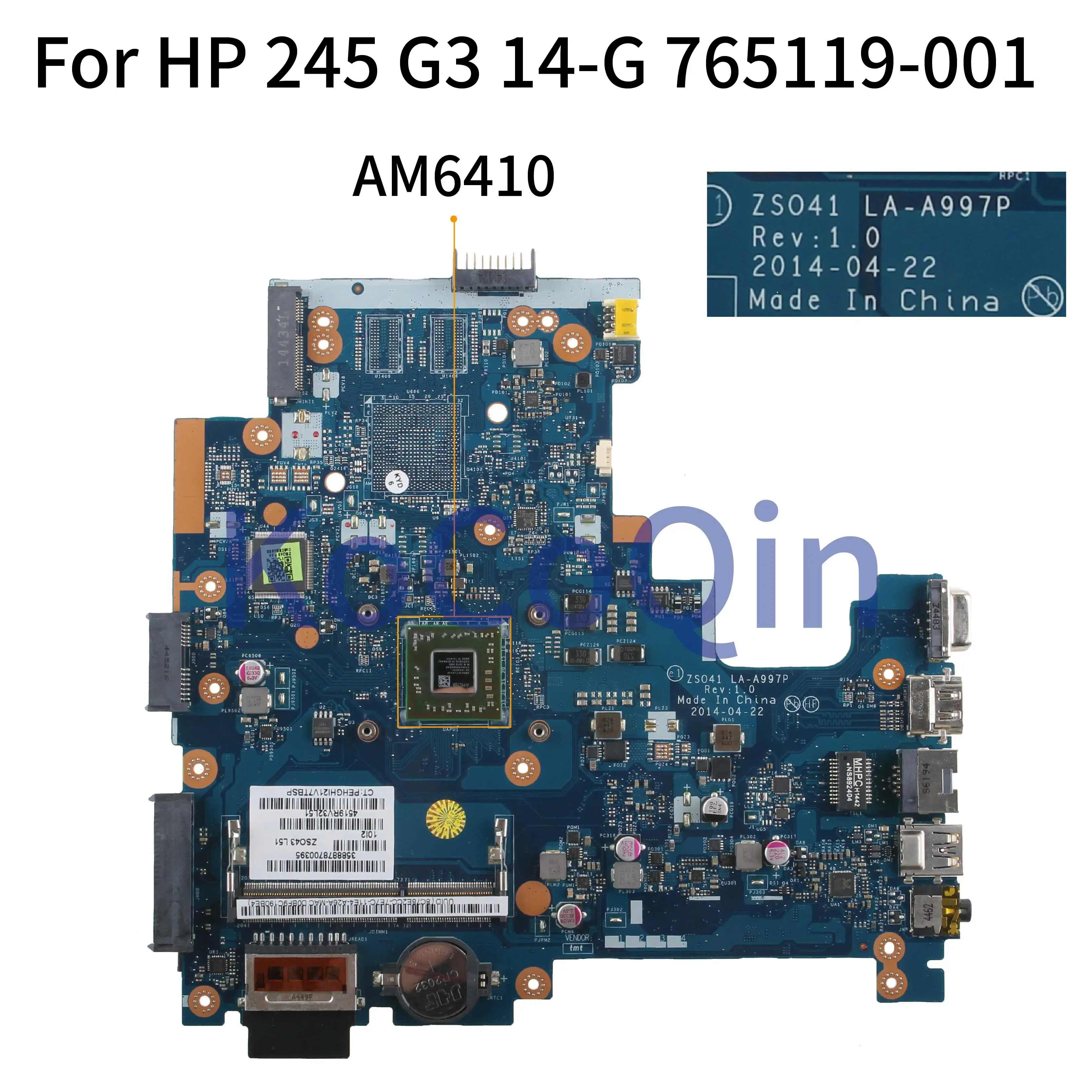 KoCoQin Laptop motherboard For HP 245 G3 14-G A8-6410 Mainboard 765119-001 ZS041 LA-A997P AM8410 CPU