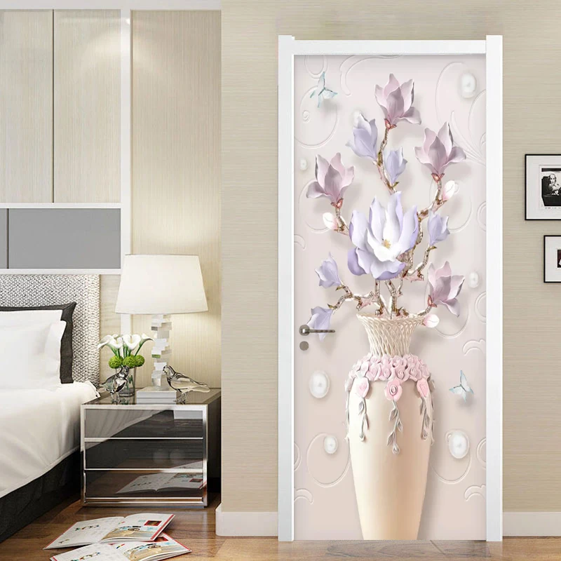 Modern Simple Embossed Vase Flowers Photo Wallpaper 3D Living Room Bedroom Door Sticker PVC Self Adhesive Waterproof Wall Papers