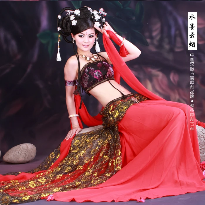 

Shui Mo Yun Yan Red and White 2 Colors India Flying Fairy DunHuang Fei Tian Costume Hanfu Costume Beauty Women Costume