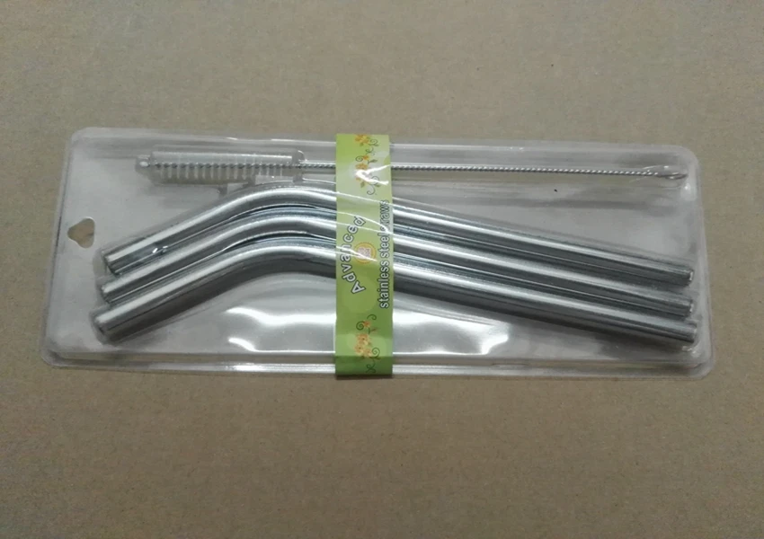 500sets/lot 3pcs 9.5*215mm Bend or straight 304 Stainless Steel straws Metal Drinking Straw With 1 straw brush + Retail package