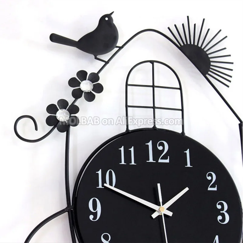 Iron Art Pendulum Wall Clock Wooden Dial Quartz Timepiece Crafts Pastoral Style Ornaments House Birds Horologe Home Decoration