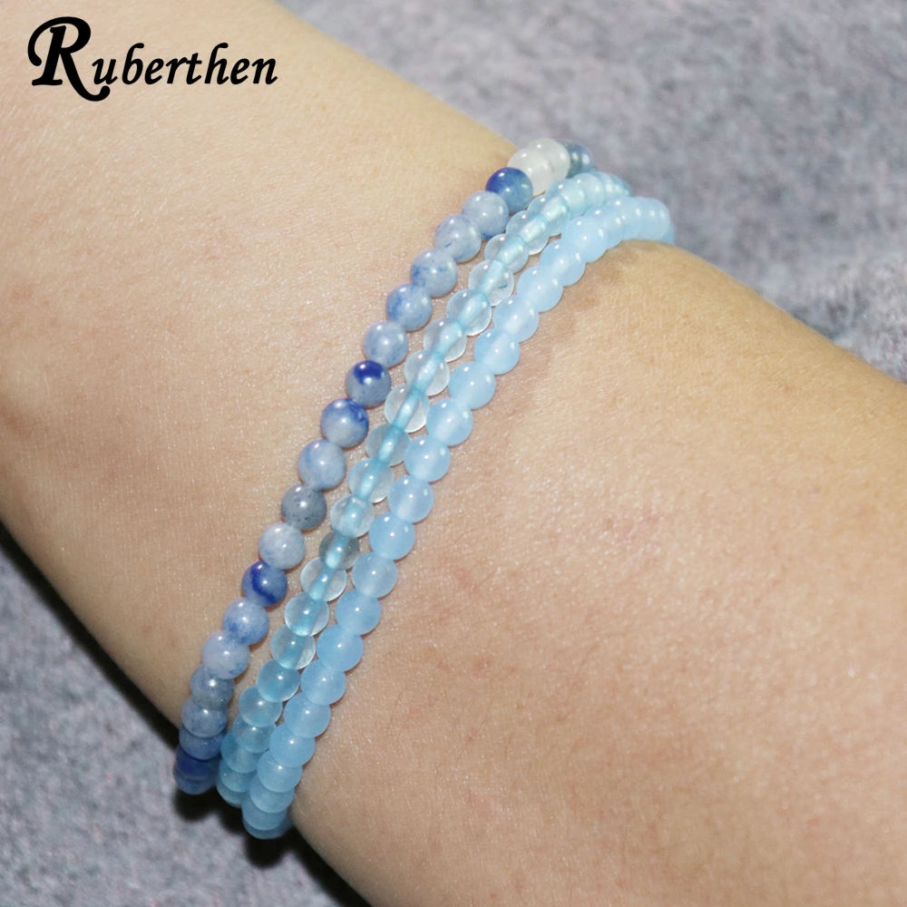 Ruberthen 4 MM Blue Aventurine Bracelets Set Womens Natural Celestine Blue Jade Mini Gemstone Bracelet