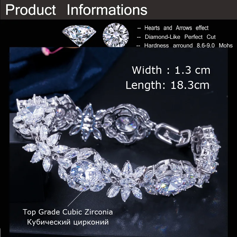 CWWZircons Top Quality White Cubic Zirconia Luxury Flower Leaf Big Wedding Bridal Party Charm Bracelet Bangle for Women CB128