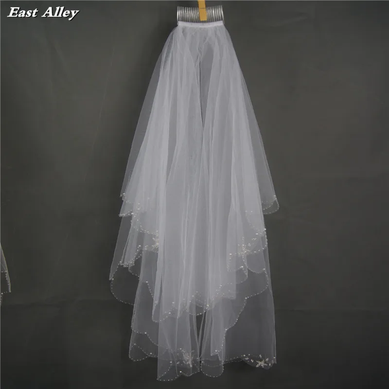 New Style White Bead Edge 2 Tier Fingertip Bridal Veil Beaded Wedding Veil with Pentagram