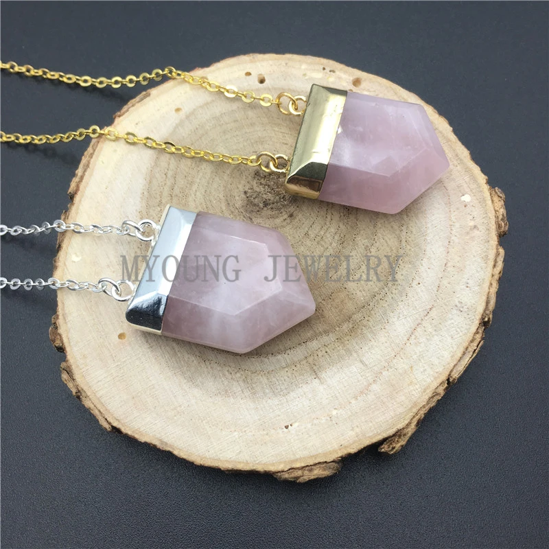 MY0883 Faceted Pentagon Roses Quartz Point Pendant Pink Quartz Necklace with Pure Gold Or Silver Color Chain kolye