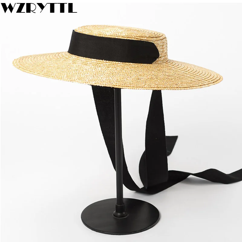 Szerokie rondo Kapelusz 10cm 15cm Słomkowy kapelusz Płaski damski letni kapelusz Kentucky Derby Biały czarny wstążka Krawat Kapelusz przeciwsłoneczny Czapka plażowa
